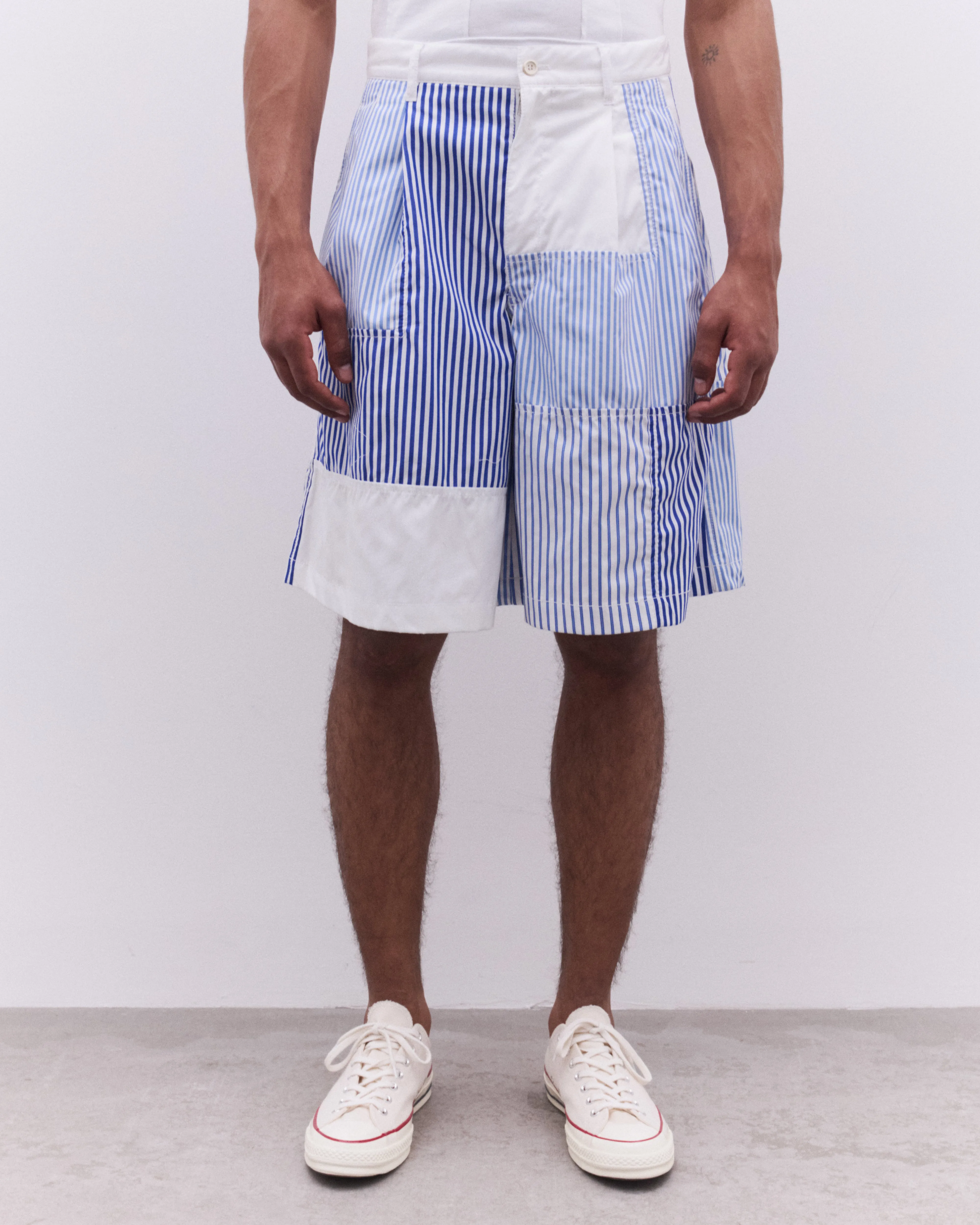 CDG Shirt - Men's Striped Panel Wide Leg Shorts - (Blue/White)