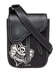 Christian Dior x Shawn Stussy Black Grained Leather Saddle Messenger Bag
