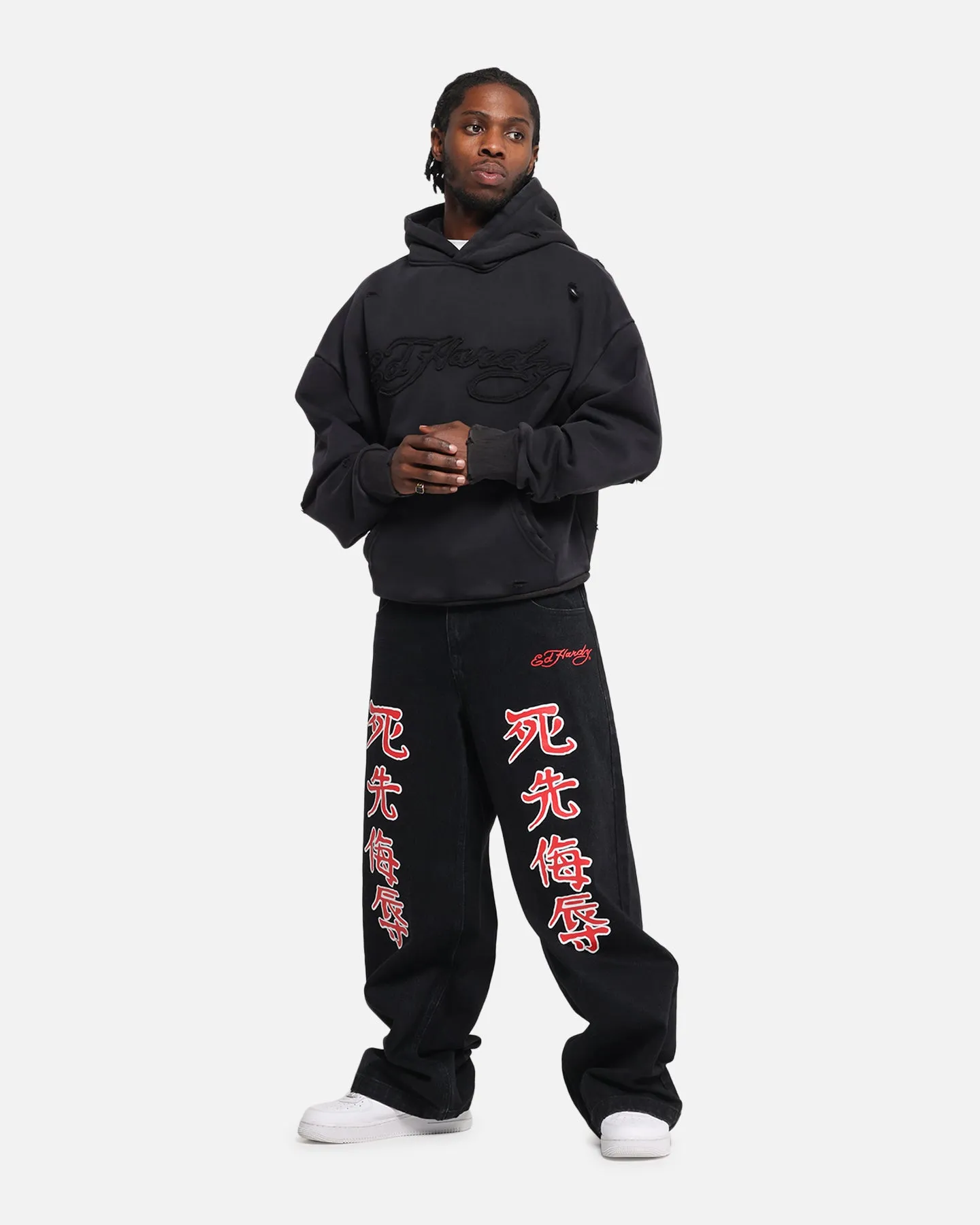 Ed Hardy Distressed Hoodie Washed Black