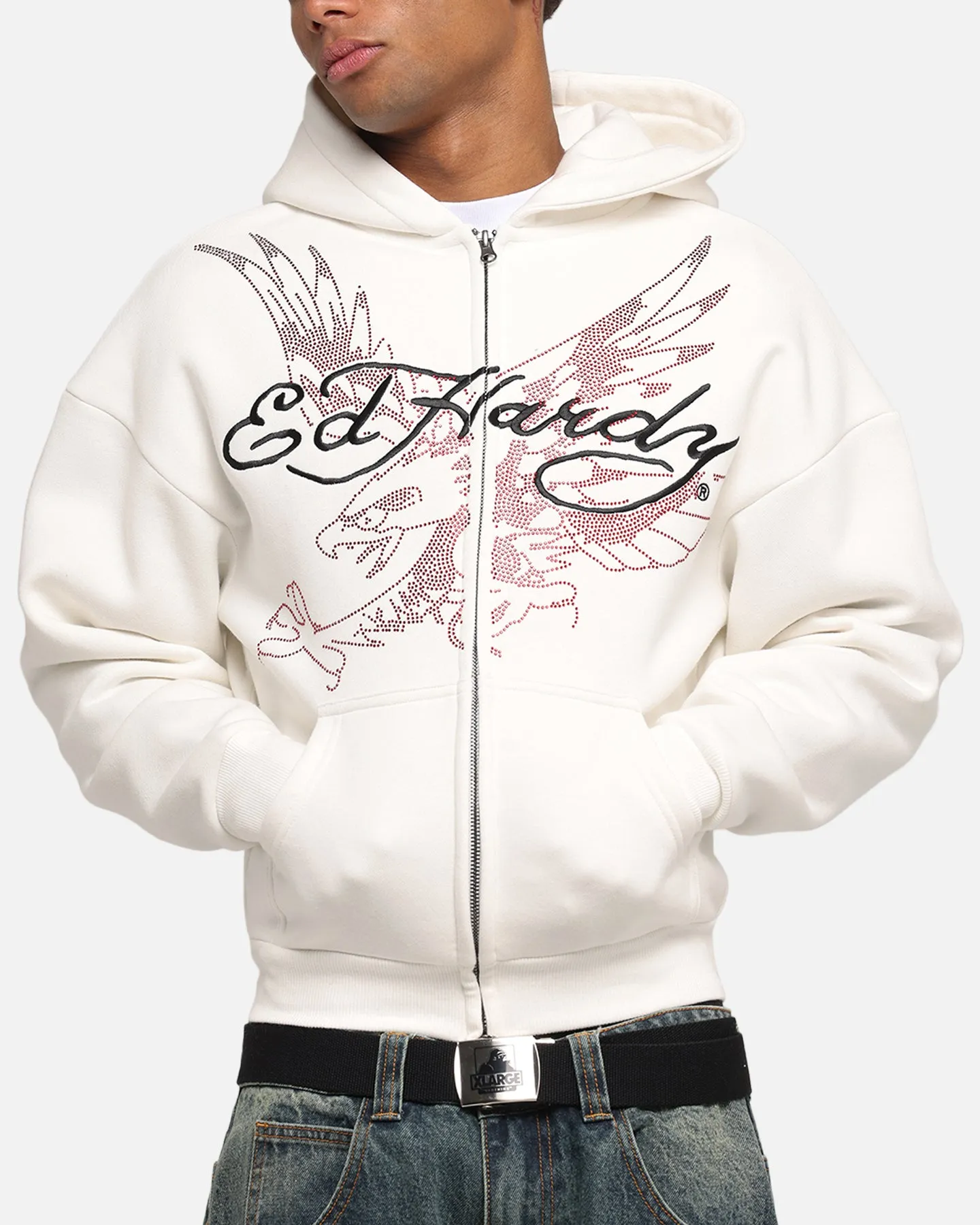 Ed Hardy Eagle Rhinestone Zip Hoodie Off White