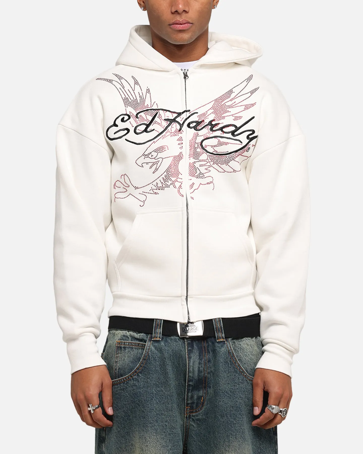 Ed Hardy Eagle Rhinestone Zip Hoodie Off White
