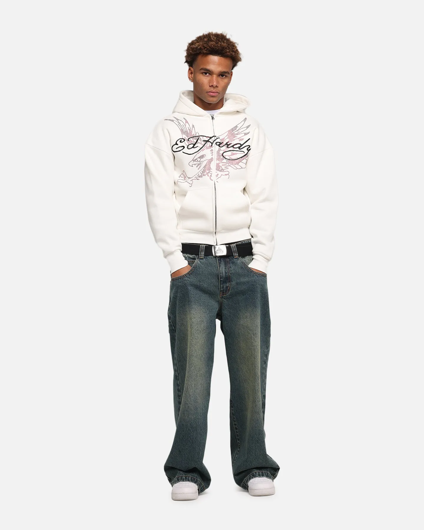 Ed Hardy Eagle Rhinestone Zip Hoodie Off White