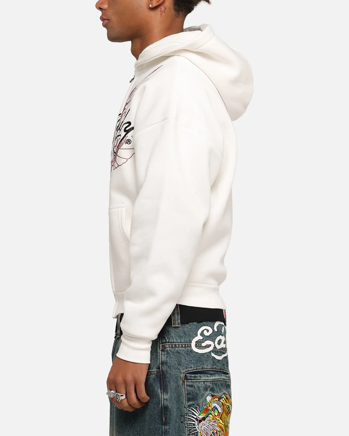 Ed Hardy Eagle Rhinestone Zip Hoodie Off White