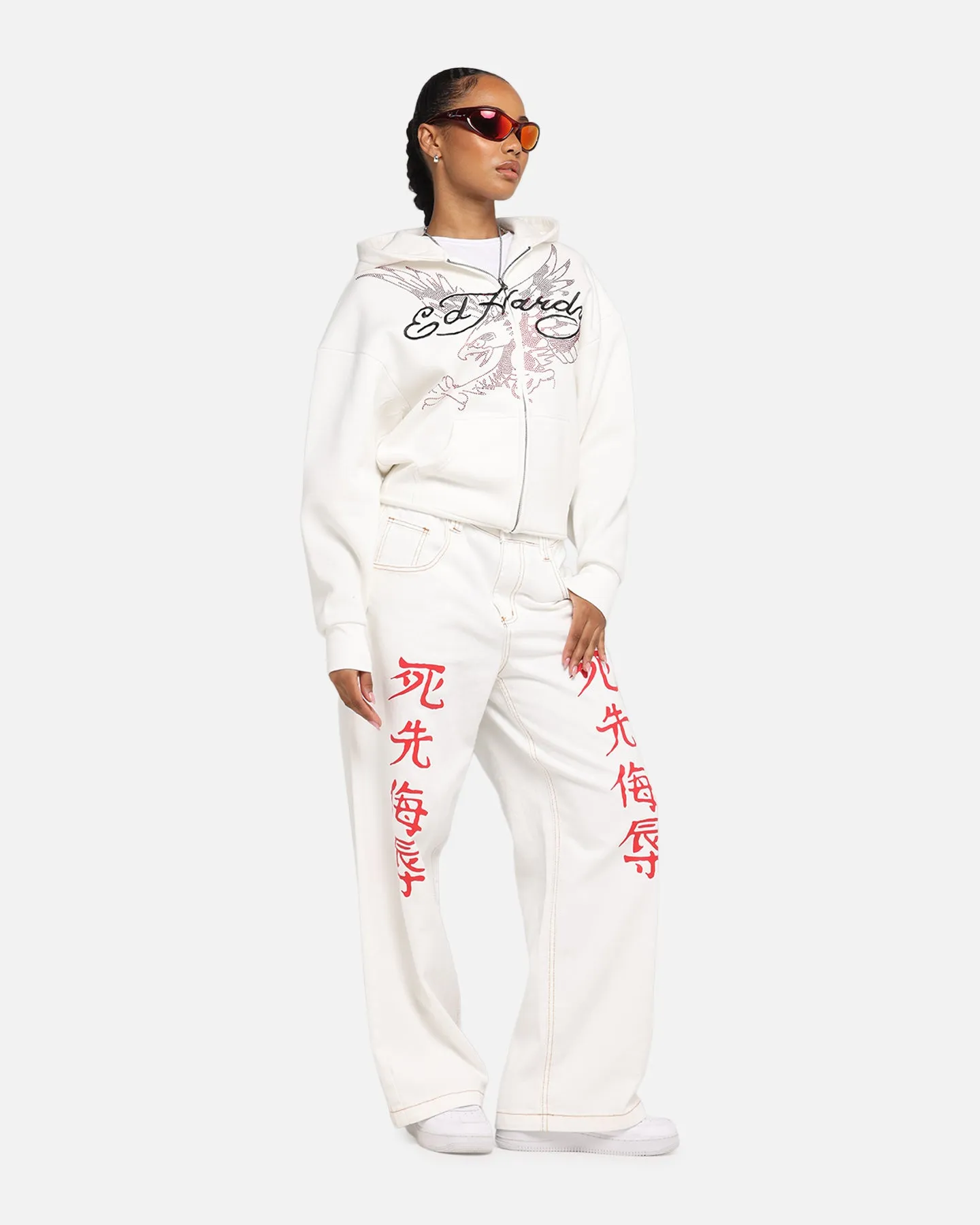 Ed Hardy Eagle Rhinestone Zip Hoodie Off White