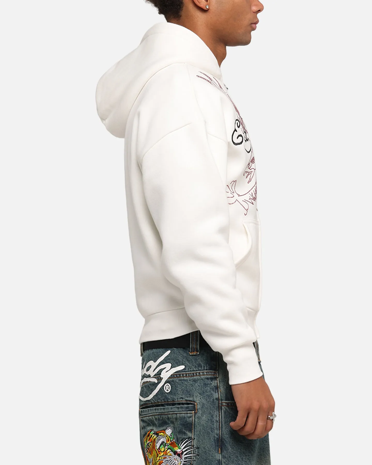 Ed Hardy Eagle Rhinestone Zip Hoodie Off White
