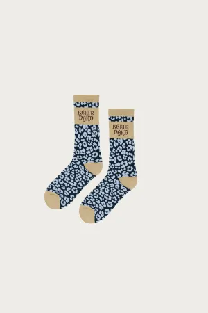 Paneled Logo Crew Socks - Blue Leopard/Khaki