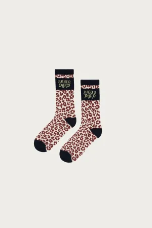 Paneled Logo Crew Socks - Maroon Leopard/Navy