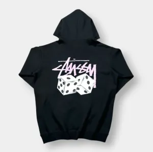 Stssy Black Dice Hoodie with Pink Spellout