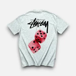 Stssy Grey T-shirt with Pink Dice Graphic